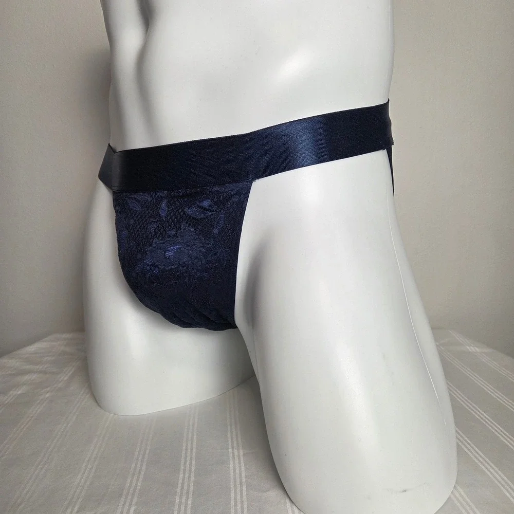 Cosabella Navy Blue Floral Lace Jockstrap Mens Satin Waistband Sheer Underwear